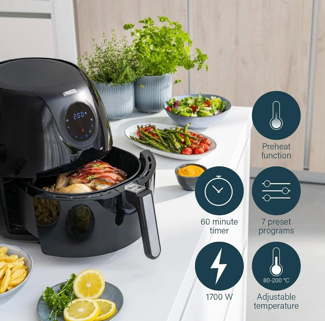 Princess Digital Air Fryer XL 5.2L 1700W Family Size +Baking Tin NEW Black 18205