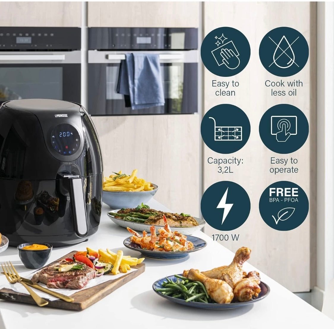 Princess Digital Air Fryer XL 5.2L 1700W Family Size +Baking Tin NEW Black 18205