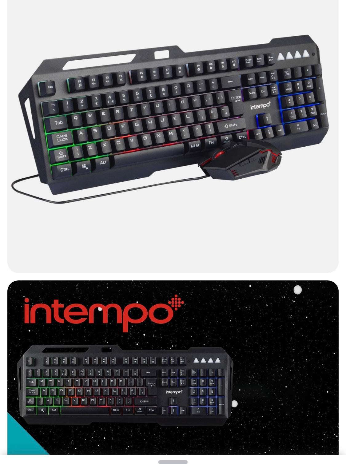 Intempo Gaming Keyboard USB Wired 6D Mouse Set LED Colour Changing Lights Black