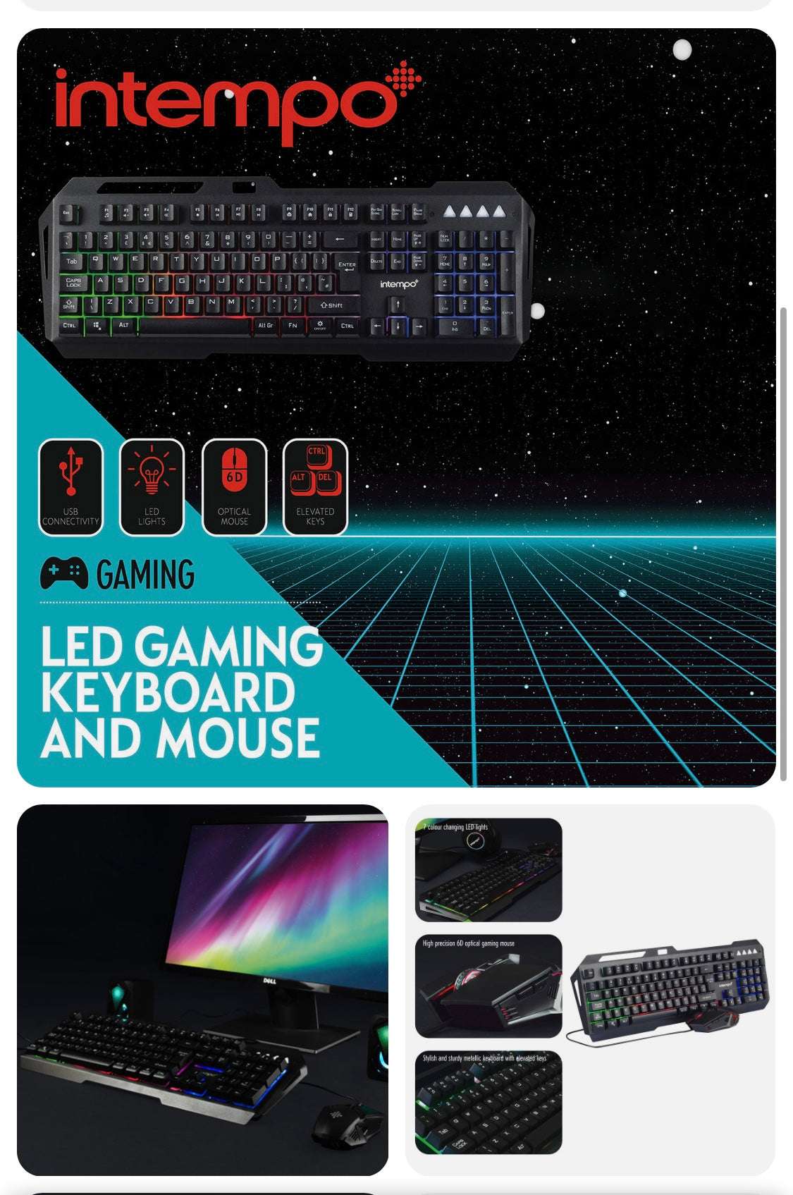 Intempo Gaming Keyboard USB Wired 6D Mouse Set LED Colour Changing Lights Black