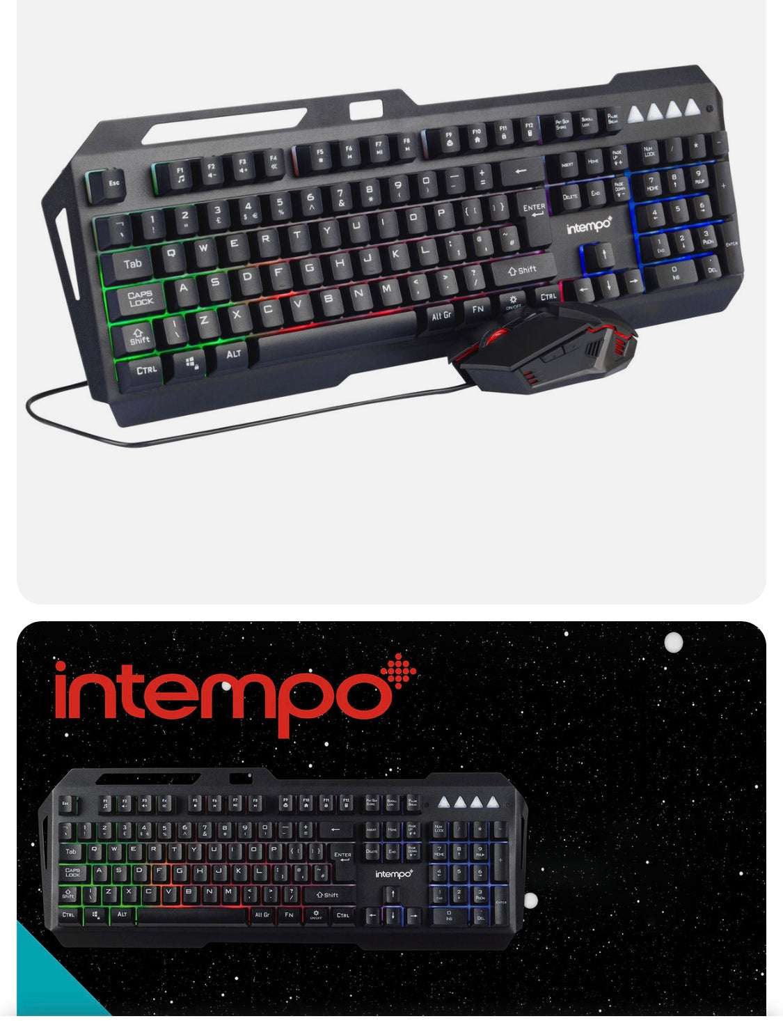 Intempo Gaming Keyboard USB Wired 6D Mouse Set LED Colour Changing Lights Black