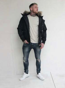 D-Rock Men's Designer Short Parka Fur Trim Hooded Winter Jacket