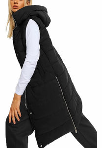 Ladies Long Line Hooded Puffer Padded Sleeveless Gilet Bodywarmer Jacket Zipper