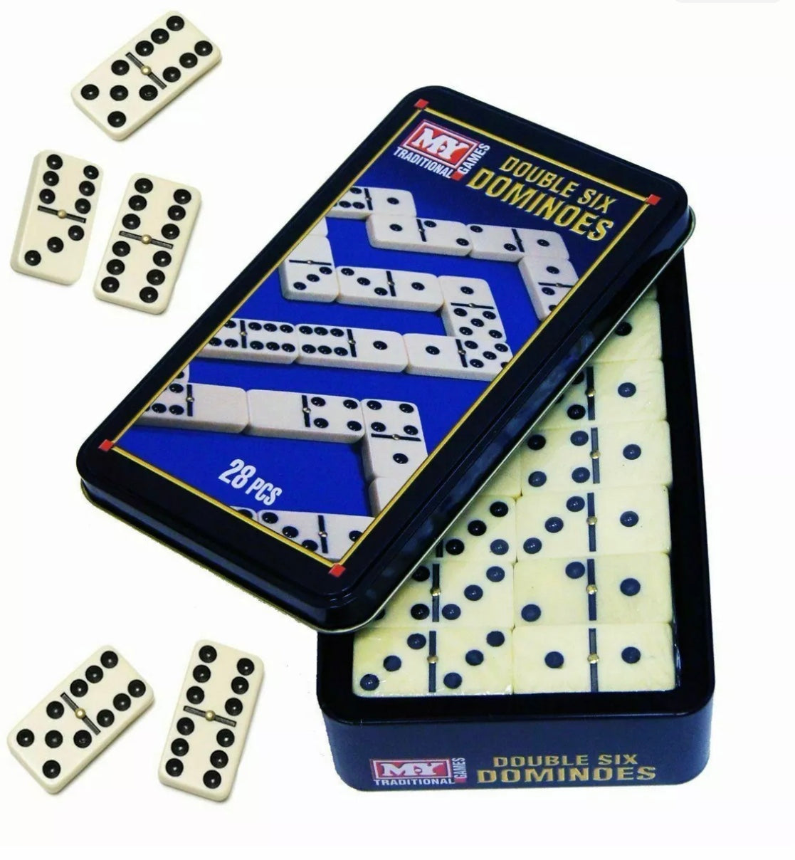MY Dominoes  Brand: My Domino 28 pcs Double Six 6 Dominoes Set Tin Box Traditional Board Travel Game Toy