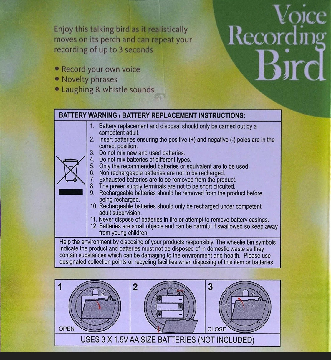 Talk Back Voice Recording Parrot Bird - Novelty Gift