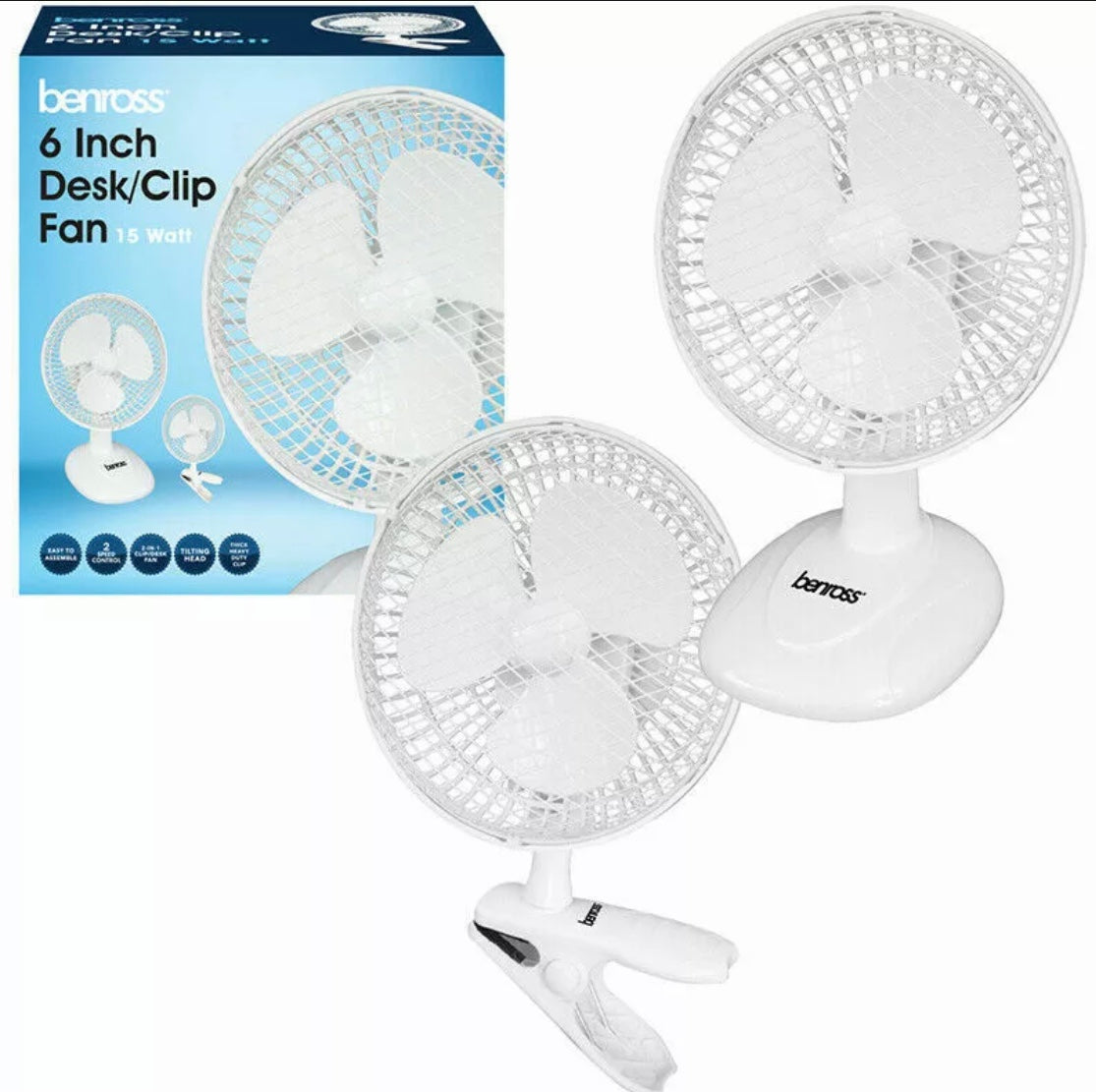 Benross 6" 15W, White 2-in-1 Clip / Desk Fan